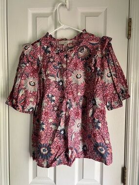 LOFT Pink Floral Ruffle-Sleeve Blouse with Blue Accents